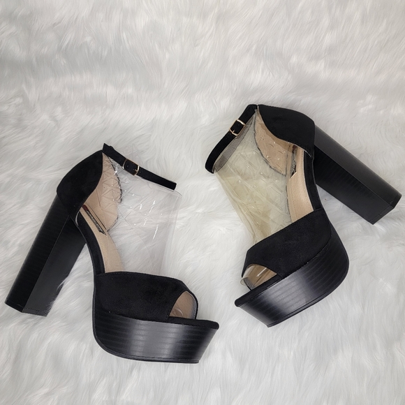 Black suede platforms with ankle strap. - Picture 6 of 11